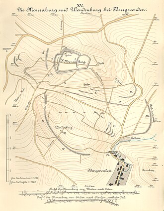Höhenzug und Burgruine Monraburg bei Großmonra. (Maßstab 1:5000)
