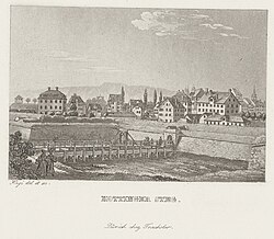 Hottingersteg mit Hottingerpforte als Zugang durch die Umwallung in die Stadt, Kupferstich von Franz Hegi