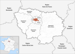 Grafik der Region Île-de-France mit ihren acht Départements, in deren Mitte das Département Paris liegt. Die fünf angrenzenden Regionen sind eingezeichnet. Unten links zeigt eine Einliegekarte die Lage der Île-de-France, rot markiert, innerhalb Kontinental-Frankreichs.