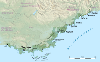 Reliefkarte der Côte d’Azur (bedeutendste Gemeinden eingezeichnet)