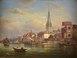 Rheinfront mit Krämerstraße und Rampe, rechts das Düsseldorfer Schloss, Franz Stegmann (1882)