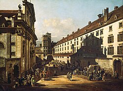 Das ehemalige Jesuitenkloster samt Stöcklgebäude und Sternwarteturm (Rechts; entlang des alten Dominikaner­platzes, heute Postgasse, links die Dominikaner­kirche; Bernardo Bellotto vlg. Canaletto, um 1760)