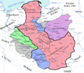 Das Königreich Polen unter König Wenzel (I.) Rot: direkte Herrschaft als Landesherr (vertreten durch „Capitanei“). Blau: Piastische Teilherrschaften, die seine Suzeränität anerkannten. Grau, Grün und Violett: Piastische Teilherrschaften, die ihn 1301 noch nicht als Suzerän und König von Polen anerkannten.