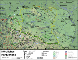 Naturraumkarte des Nördlichen Harzvorlandes mit dem Ostbraunschweigischen Hügelland im Norden
