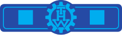 Blaues Rechteck mit hellblauem Rahmen: Mittig das THW-Logo aus Buchstaben und Zahnrad, links und rechts ein gleichfarbiges Quadrat