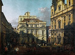 Die Neue Aula (am Ignaz-Seipel-Platz mit dem aufgesetzten Observa­torium, rechts die Jesuitenkirche; Canaletto, 1758/61)