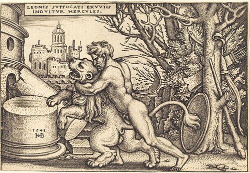 Herkules tötet den Löwen von Nemea, Beham, (Hans) Sebald (1500–1550), Stich von 1548