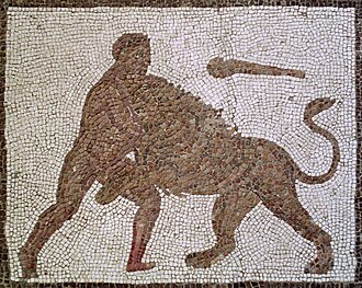 Herakles und der Nemeische Löwe. Römisches Mosaik aus Llíria, erste Hälfte des 3. Jahrhunderts, (Provinz Valencia, Spanien), Museo Arqueológico Nacional de España, Madrid