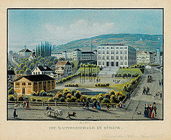 Erste Kantonsschule (Knaben-Gymnasium) an der Rämistrasse mit Turnplatz und Turnhalle vom Heimplatz aus gesehen