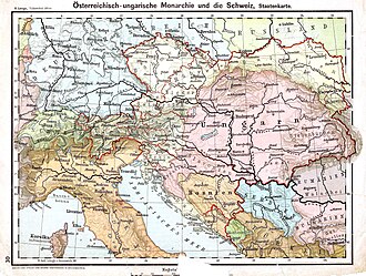 Österreich-Ungarn mit Cisleithanien (gelb), Transleithanien (rosa) und Bosnien-Herzegowina (orange), D. H. Lange: Volksschul-Atlas. 1899