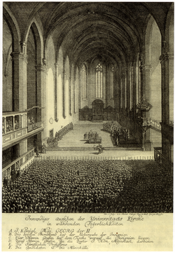 Der Innenraum der Universitätskirche anlässlich der Feierlichkeiten beim Besuch Georgs II. von Großbritannien am 1. August 1748 (Kupferstich von Georg Daniel Heumann, 1748)