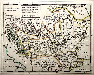 Kroatische Länder (Dalmatien, Slawonien und (Kern)kroatien) sind auf der linken Seite dieser englischen Karte aus 1726 deutlich erkennbar