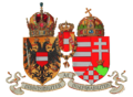 Kleines gemeinsames Wappen Österreich-Ungarn 1915Österreich unter der Rudolfskrone, heraldisch links Transleithanien unter der Stephanskrone, mittig Habsburg-Lothringen unter der siebenbügeligen Königskrone.