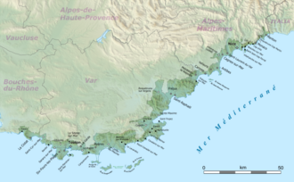 Reliefkarte der Côte d’Azur mit allen Gemeinden