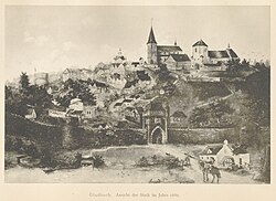 Bei diesem Bild handelt es sich um eine Fälschung. Es wurde eigens dazu angefertigt, um eine Erweiterung der Schankerlaubnis der Wirtschaft "Zum Gutenberg" von Ernst Wilms zu erlangen. Michael Wefers, Autor des "Findelkindes von Gladbach" (1930) war daran maßgeblich beteiligt. Quellen u. A: Rh. L. Z., 19. Mai 1940: Alt Gladbachs echtes und falsches Stadtbild. Eine Anfrage im Mönchengladbacher Stadtarchiv genügt. Da ist die Fälschung bekannt.