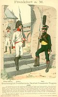 Frankfurter Truppen 1807 (links noch die alte weiße Uniform österreichischen Stils, rechts bereits die modernere französischer Art)