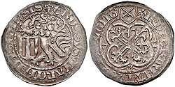Schwertgroschen Friedrichs des Sanftmütigen, Prägezeitraum 1457 bis 1464, Münzmeisterzeichen Lilie, Leipzig, mit Beizeichen doppeltes Ringel (beschnitten)