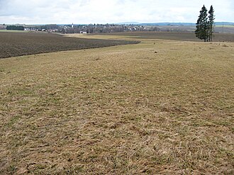 Blick über flachwelliges Terrain nahe Weißdorf, östlich von Münchberg, mit Blickrichtung nach Osten. Im Bildhintergrund die Silhouette des Nordwestrandes des Fichtelgebirges.